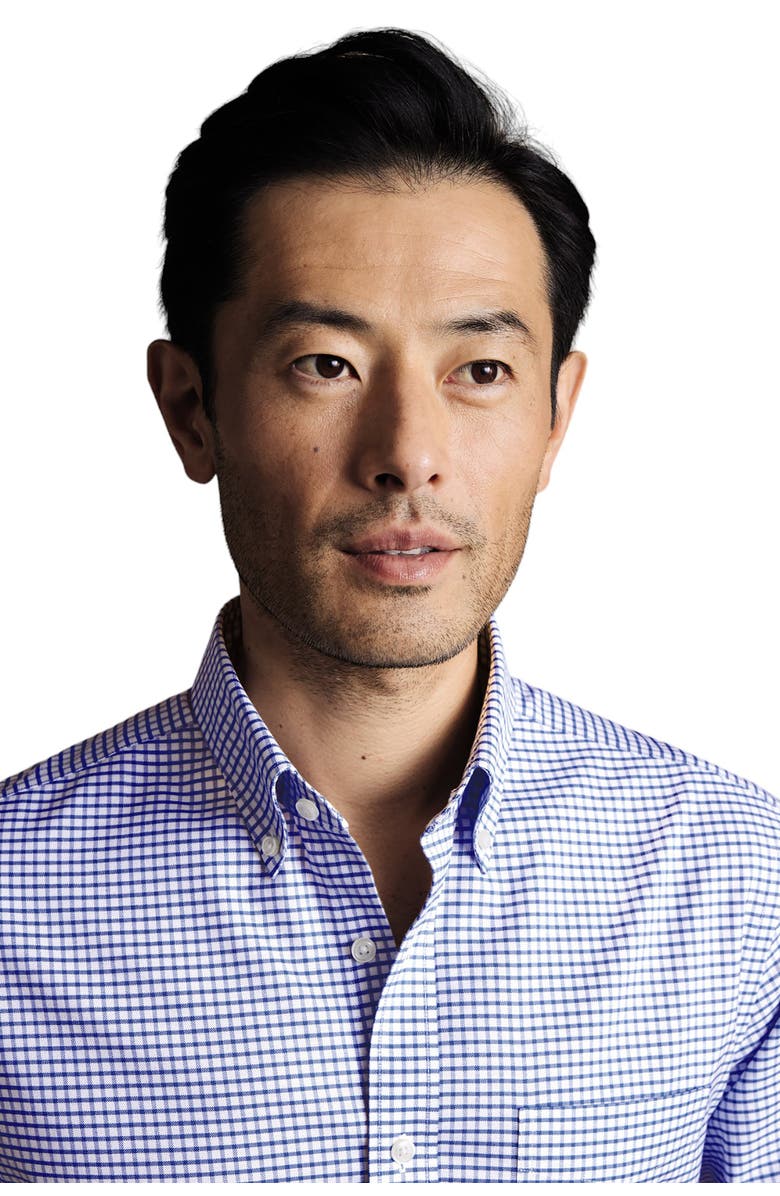 Charles Tyrwhitt Slim Fit Button-Down Collar Non-Iron Stretch Check Oxford Shirt, Alternate, color, Cornflower Blue