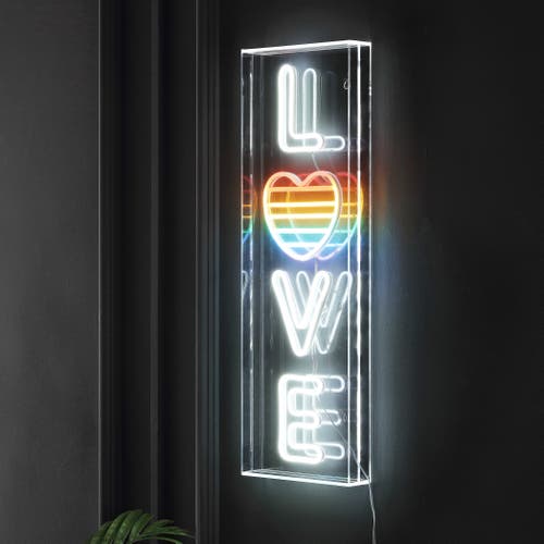 Jonathan Y Love 8" X 24" Contemporary Glam Acrylic Box Usb Operated Led Neon Light, White/rainbow In White/rainbow