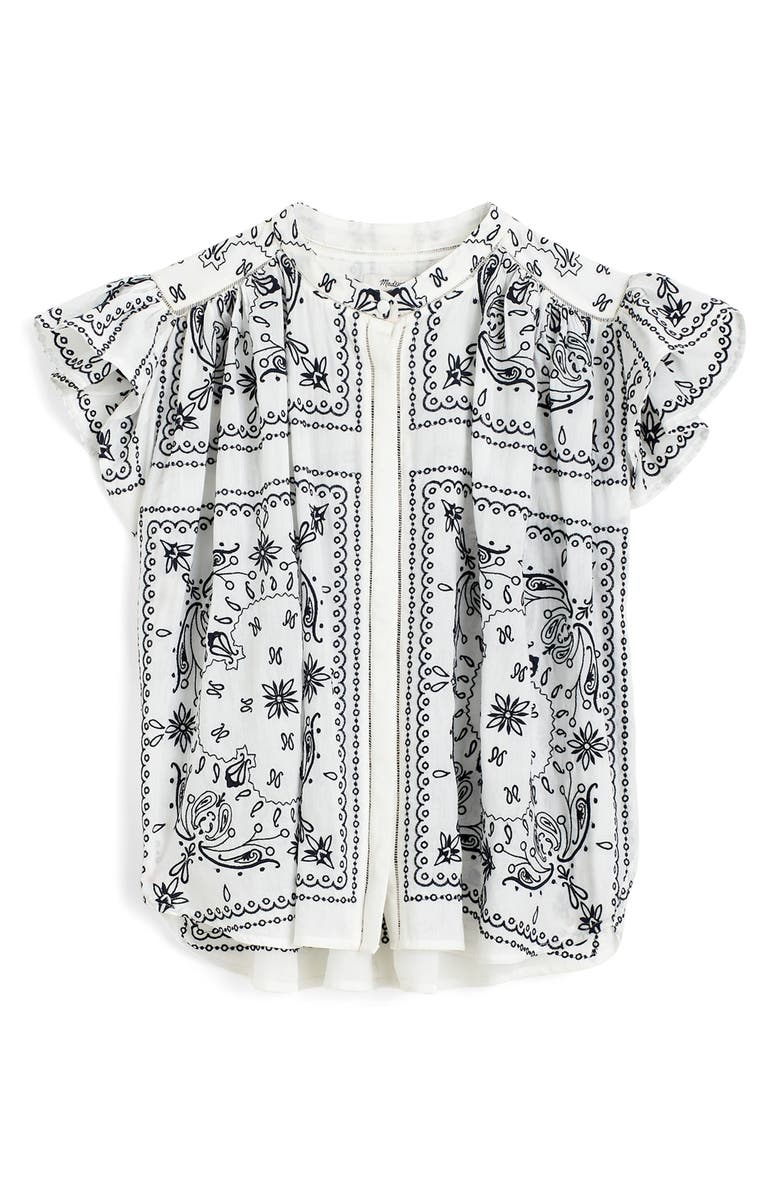 Madewell Embroidered Bandana Flutter Sleeve Top, Alternate, color, White Dark Navy Embroidered