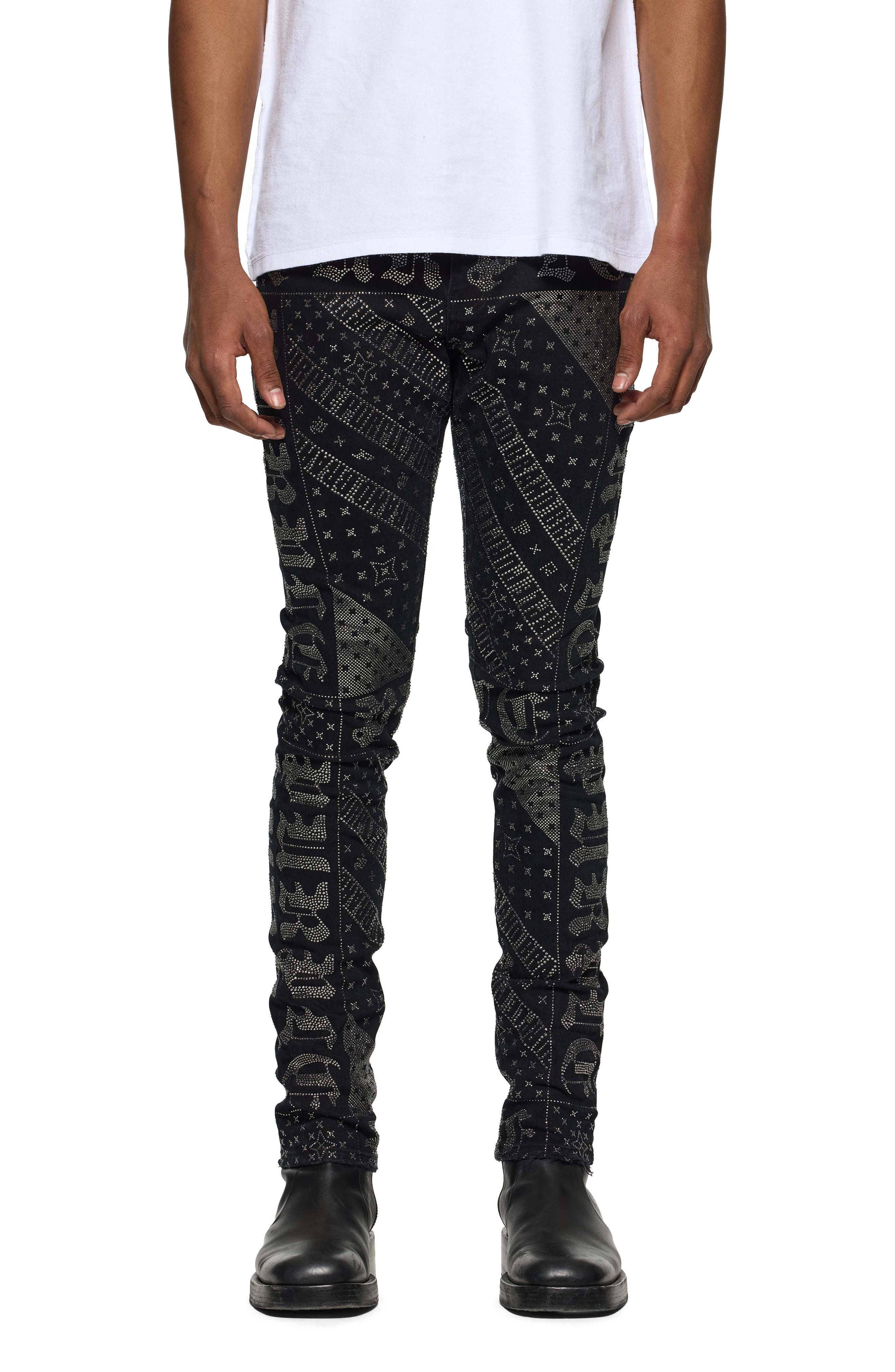 PURPLE BRAND Hotfix Crystal Gothic Flag Skinny Jeans