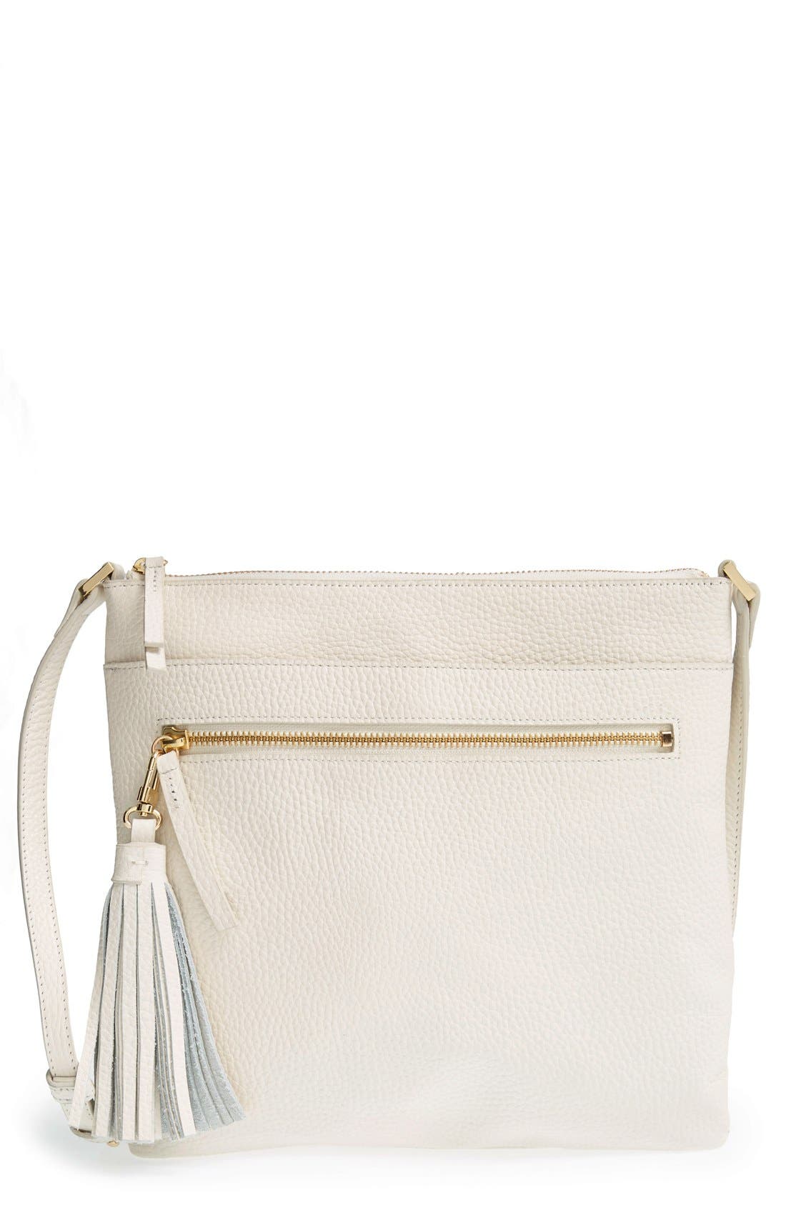 Tasseled Leather Crossbody Bag, Main, color, WHITE