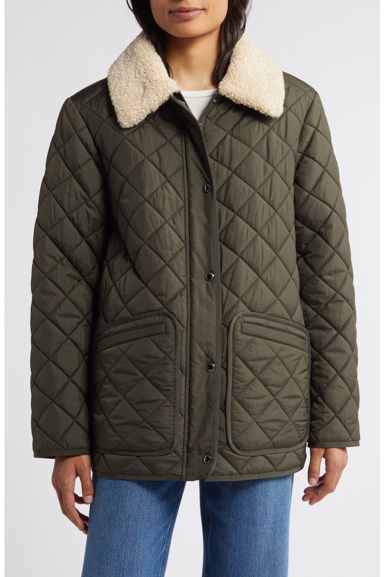 Quilted Coat with Faux Shearling Collar, Main, color, LODEN