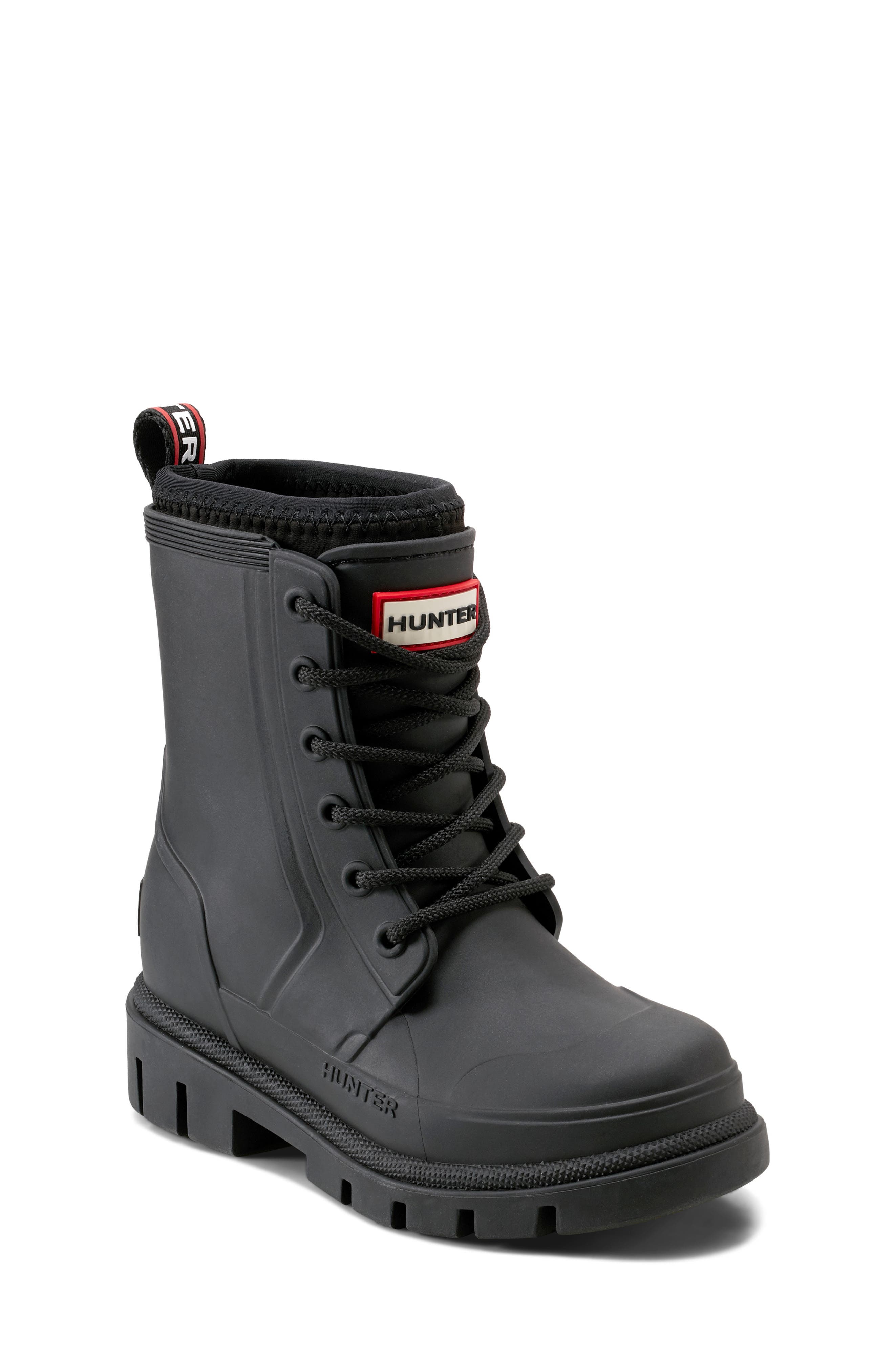Hunter Kids' Stomper Lace-Up Boot, Main, color, Black/Black/White/Red
