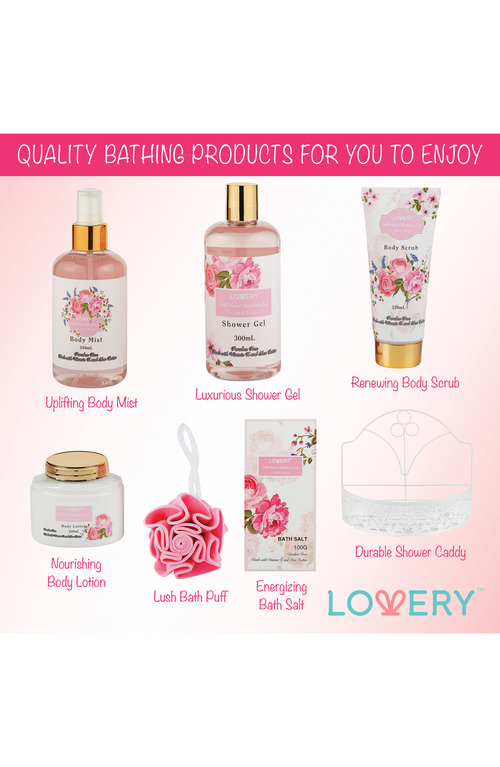 Lovery Wild Rose & Raspberry Leaf 7pc Home Spa Gift Basket In Pink Floral Design