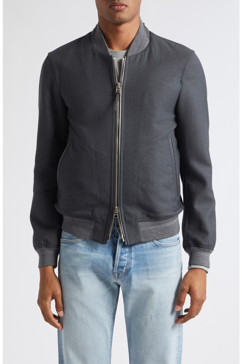 Two-Way Zip Lightweight Wool & Silk Bomber Jacket, Main, color, TAR GREY MELANGE