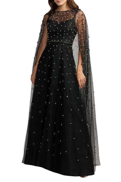 Pearl Embellished Cape A-Line Gown