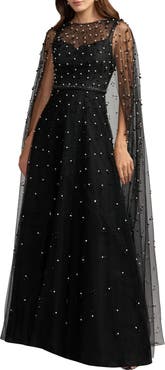 Mac Duggal Pearl Embellished Cape A-Line Gown