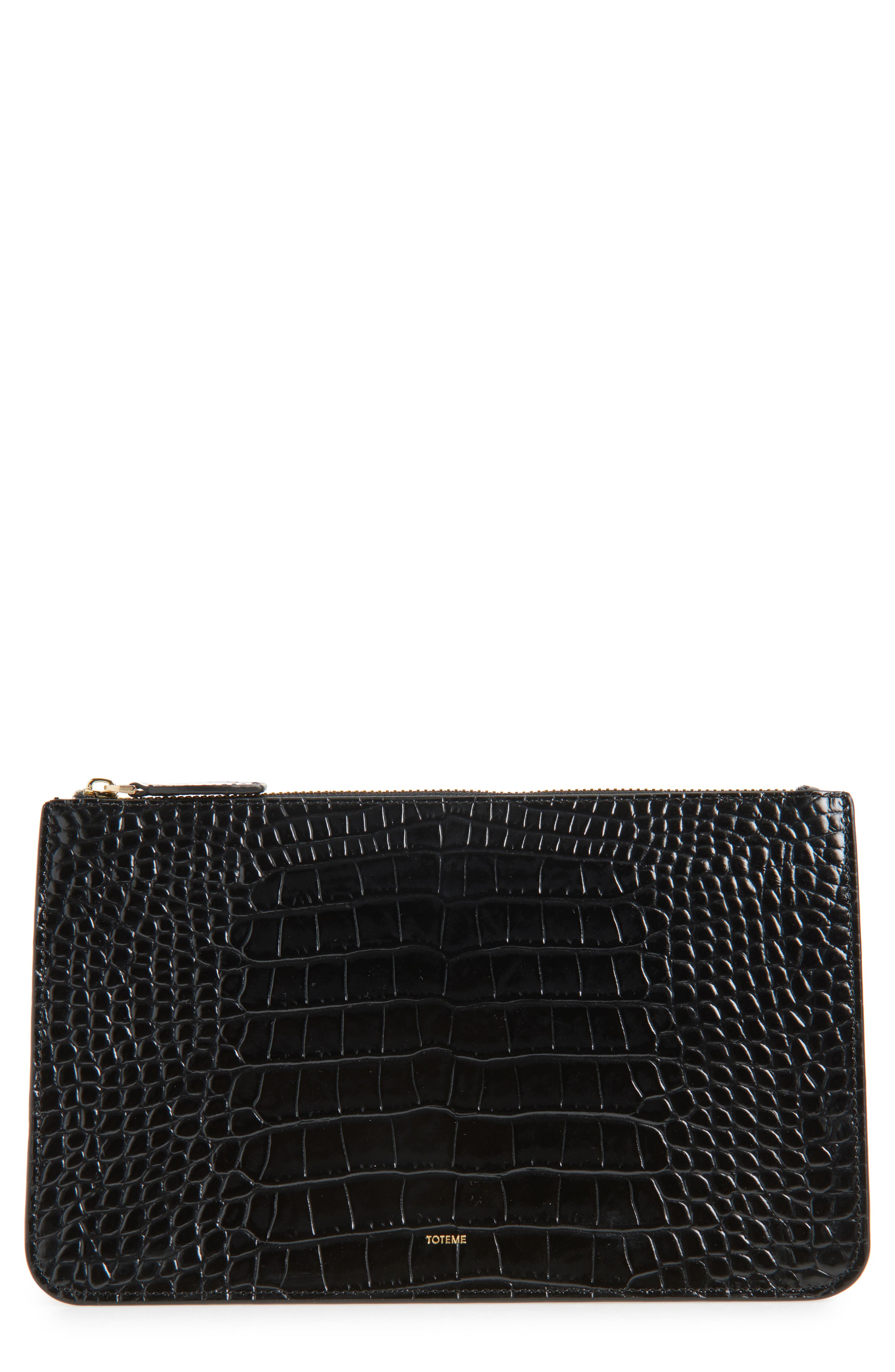 TOTEME Threefold Croc Embossed Leather Clutch, Main, color, Black