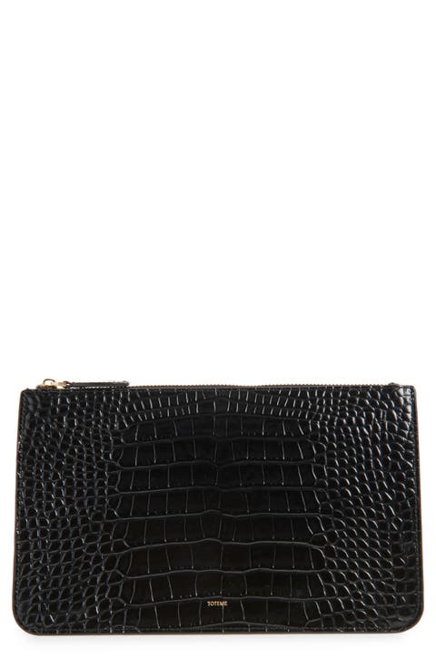 Threefold Croc Embossed Leather Clutch