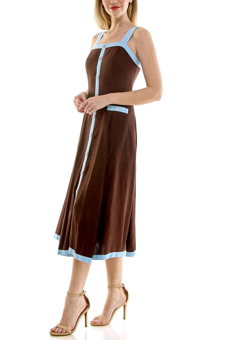 Square Neck Fit & Flare Midi Dress, Alternate, color, CHOCOLATE / CERULEAN