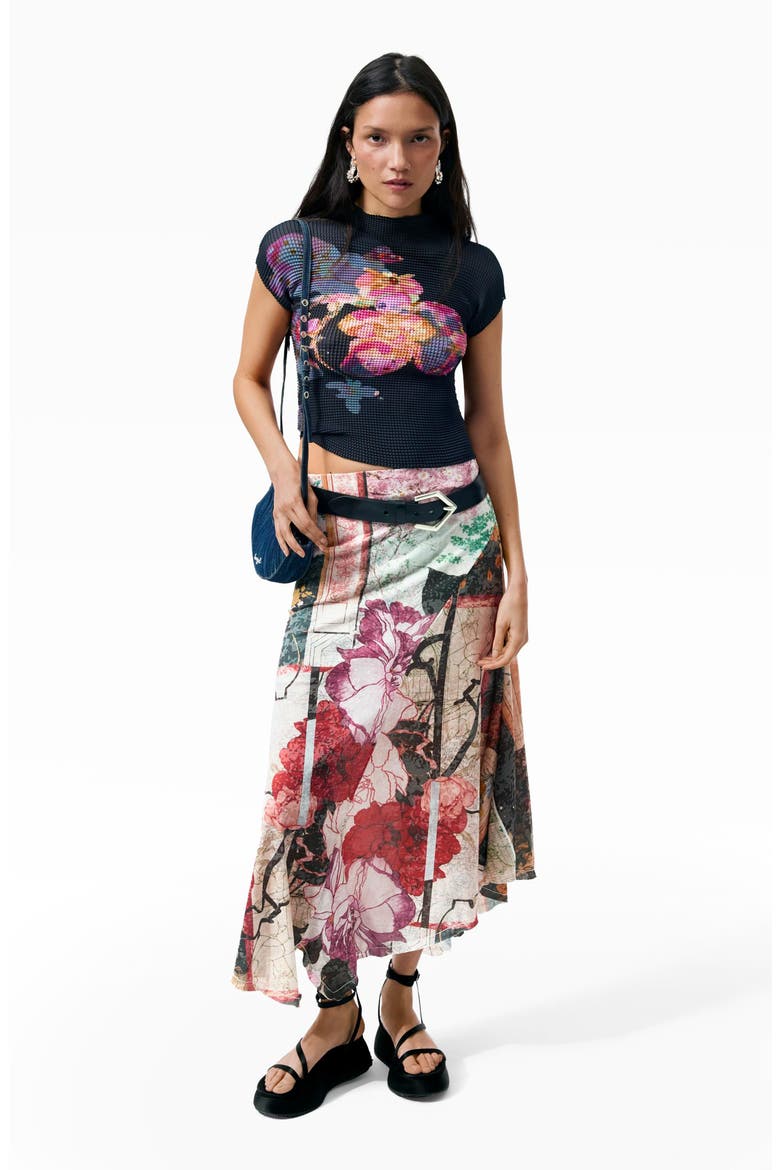 Patchwork Print Asymmetric Skirt, Alternate, color, BLACK