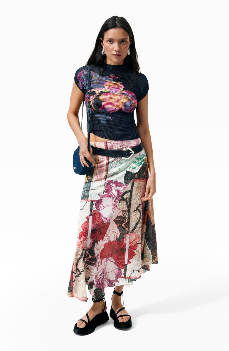 Desigual Patchwork Print Asymmetric Skirt, Alternate, color, Black