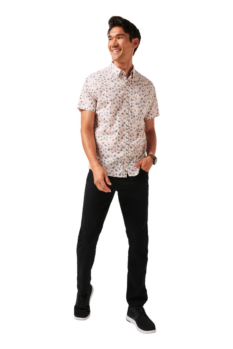 Something New Floral Short Sleeve Stretch Cotton Blend Button-Up Shirt, Alternate, color, MOONBEAM