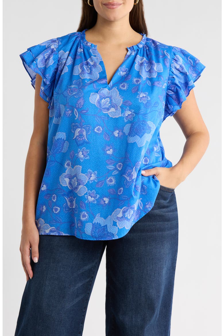 Selma Floral Ruffle Cotton Top, Main, color, COBALTBLUE