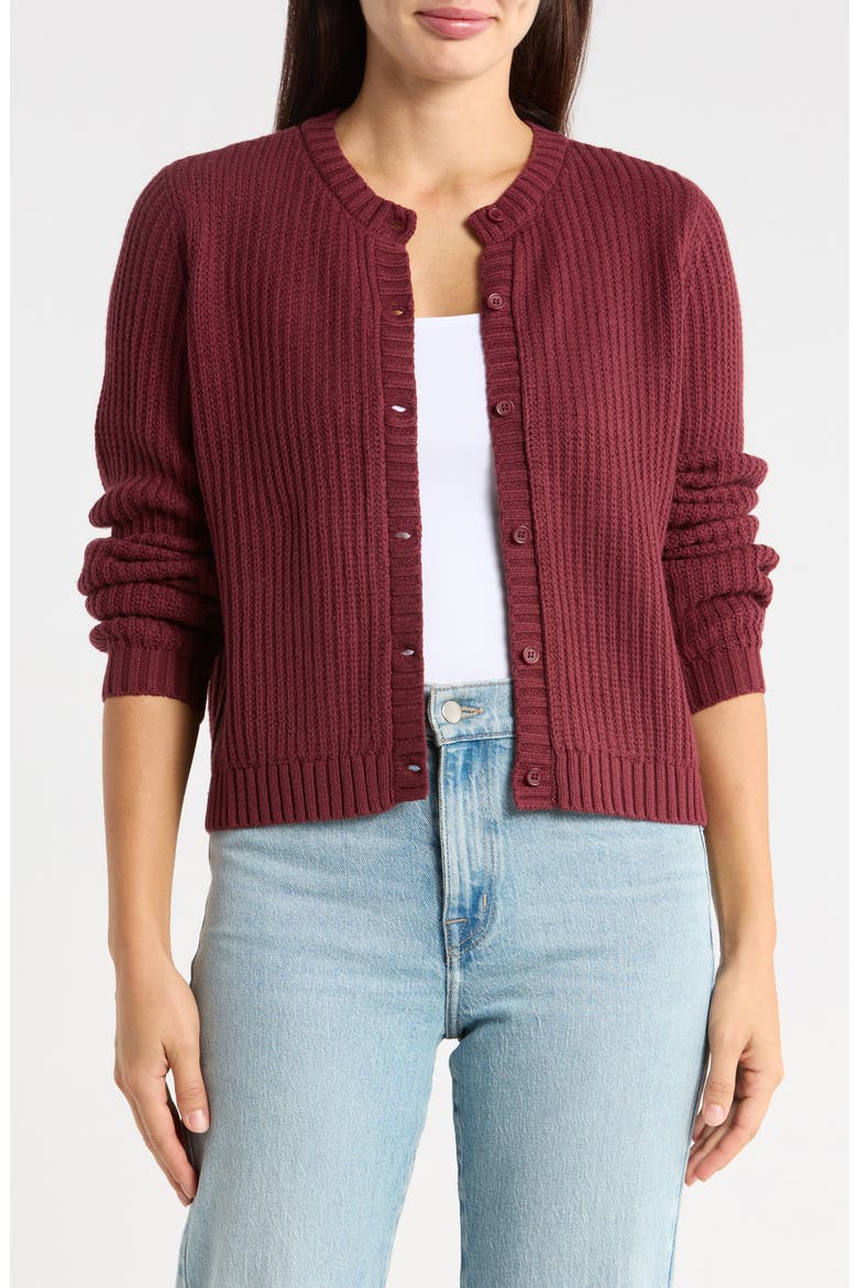 Felicity Crewneck Cotton Blend Cardigan, Main, color, ROSEWOOD