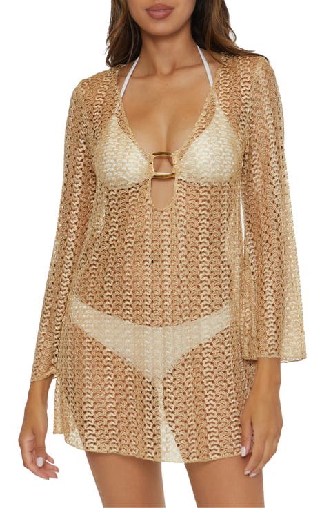 Metallic Long Sleeve Sheer Cover-Up Dress