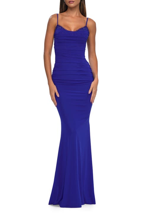 Net Jersey Prom Dress with Lace Neckline Detail