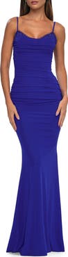 La Femme Net Jersey Prom Dress with Lace Neckline Detail