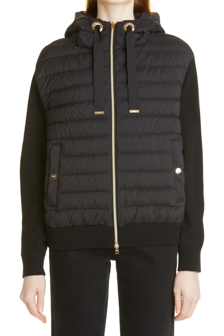 Knit Sleeves Hooded Down Puffer Jacket, Main, color, BLACK