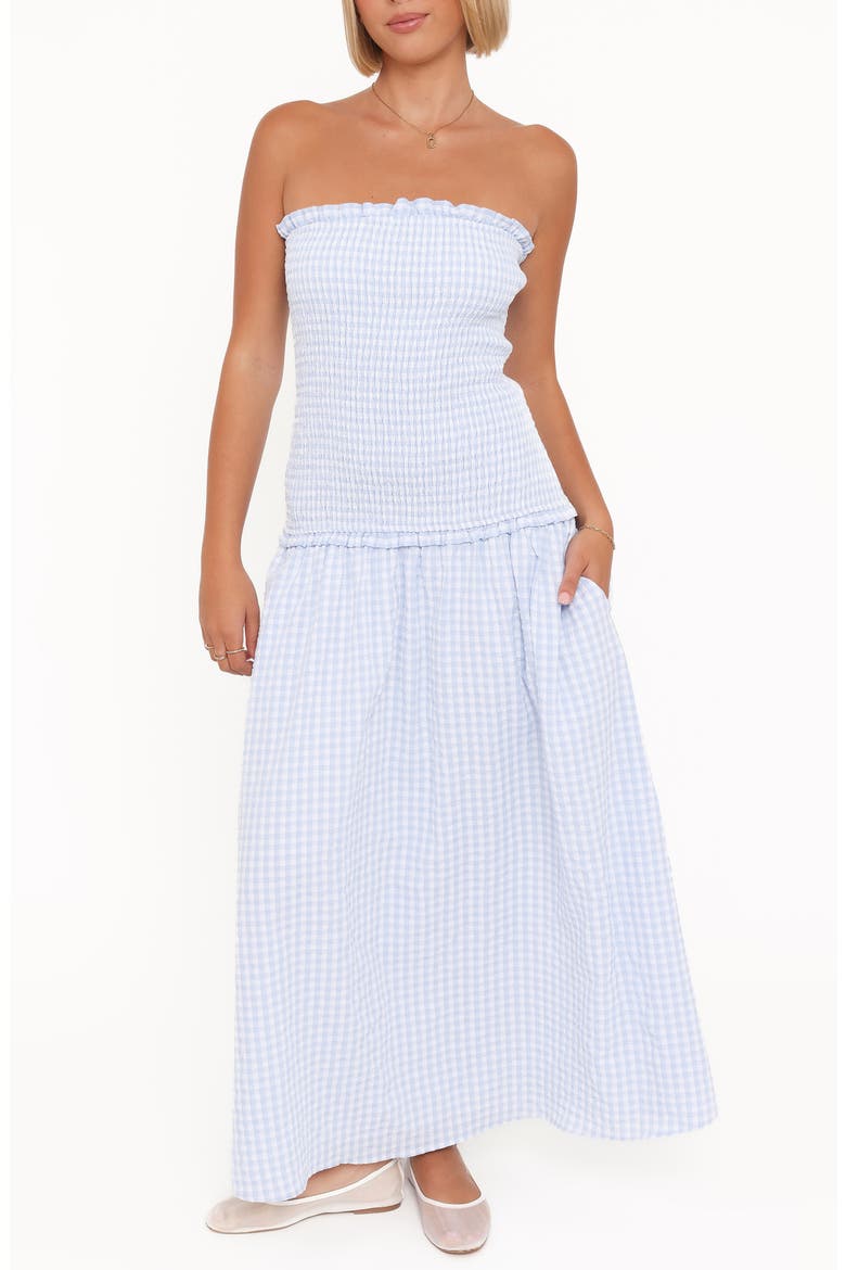 Parkway Gingham Smocked Strapless Maxi Dress, Main, color, BLUE GINGHAM