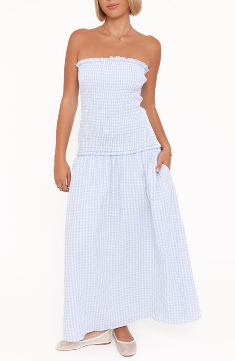 Parkway Gingham Smocked Strapless Maxi Dress
