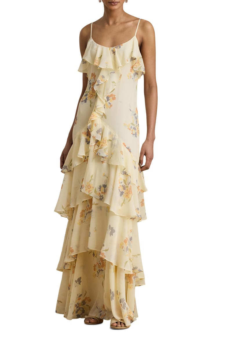 Ruffle Trim Tiered Georgette Gown, Main, color, CREAM/ MULTI