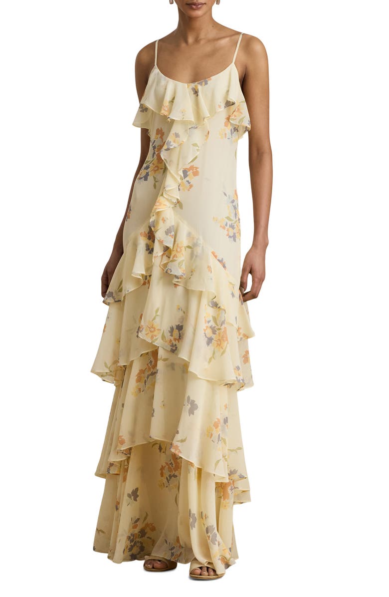 Lauren Ralph Lauren Ruffle Trim Tiered Georgette Gown, Main, color, Cream/ Multi