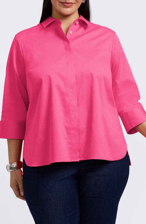 Pearly Cotton Blend Button-Up Shirt (Plus)