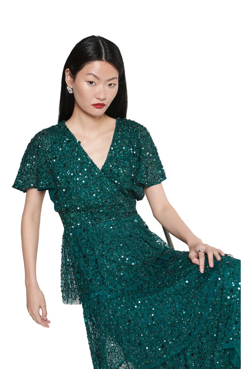 BEAUUT Occasion Embellished Sequin Beaded Short Sleeves Evening Midi Dress, Alternate, color, Emerald Green