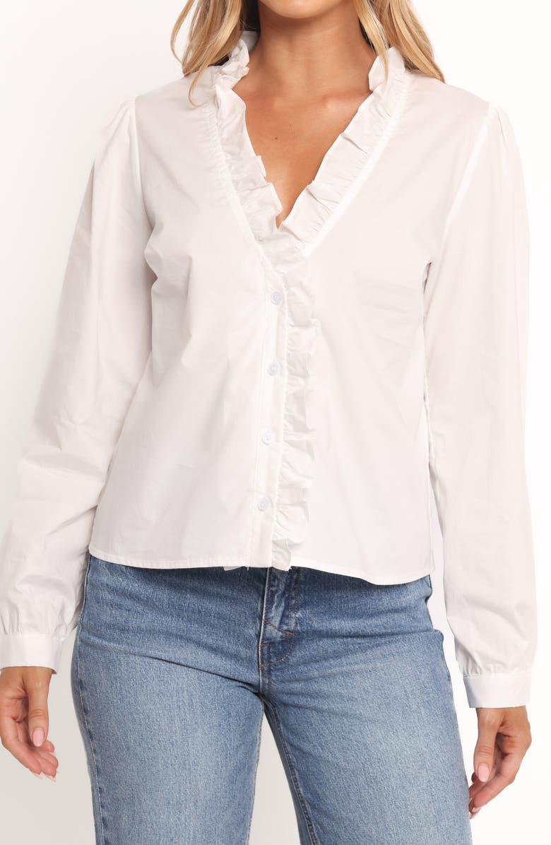 Petal & Pup Constance Ruffle Trim Cotton Button-Up Shirt, Alternate, color, White
