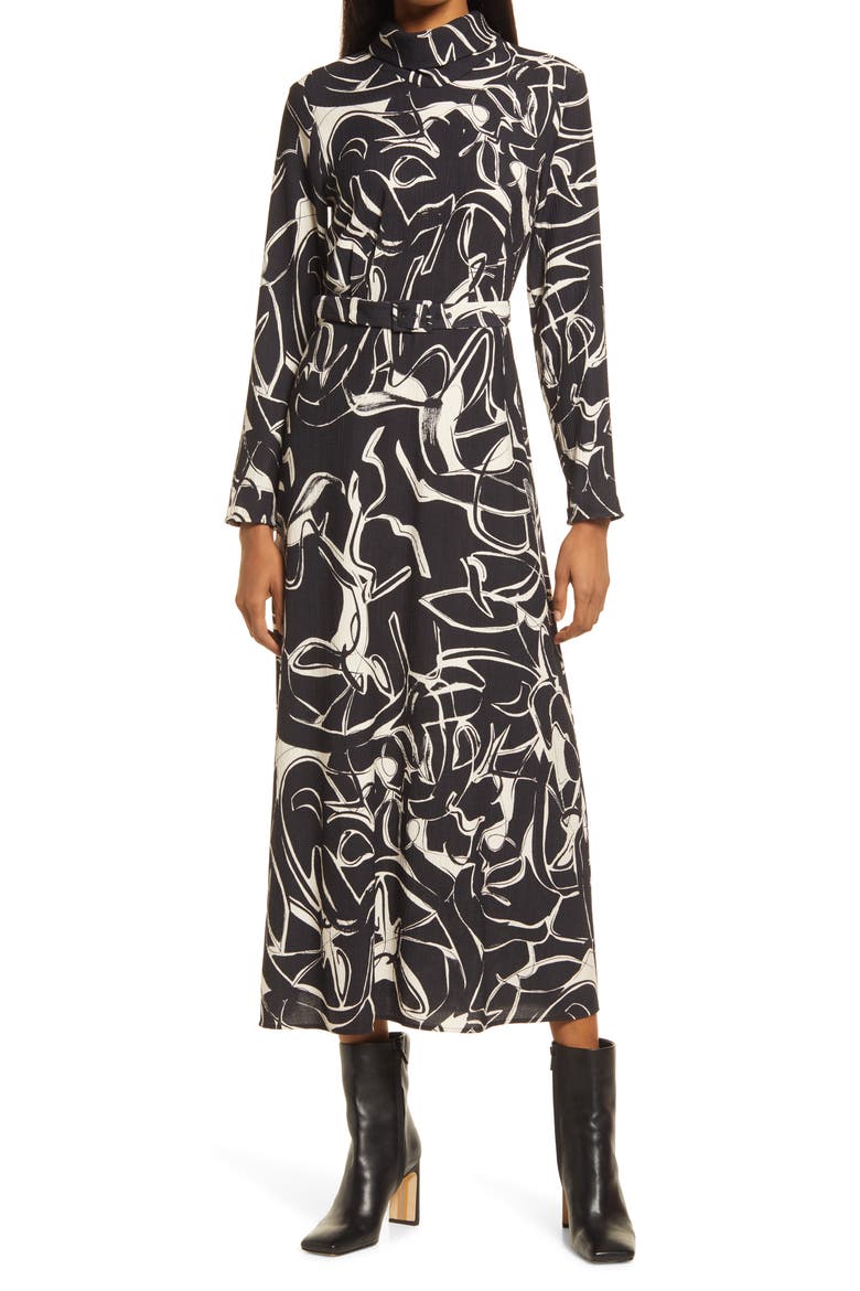 Abstract Print Belted Long Sleeve Midi Dress, Main, color, BLACK AOP