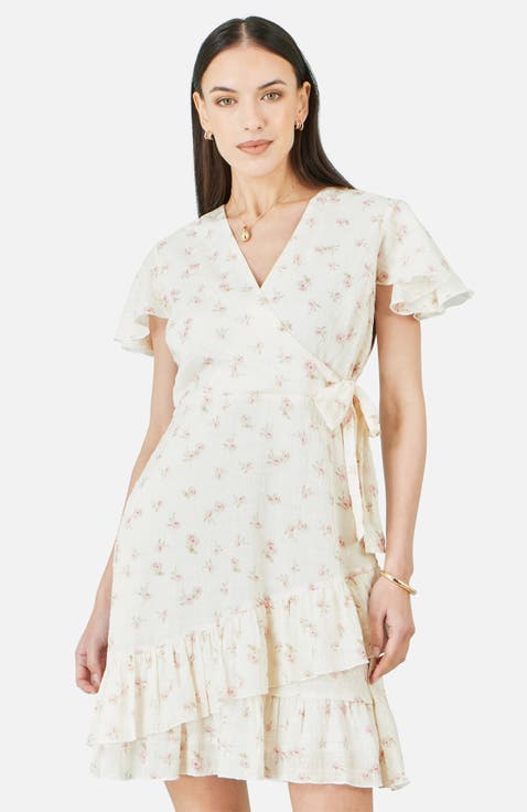 Rose Print Wrap Over Frill Dress