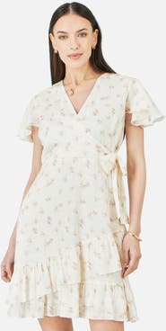 Yumi Rose Print Wrap Over Frill Dress