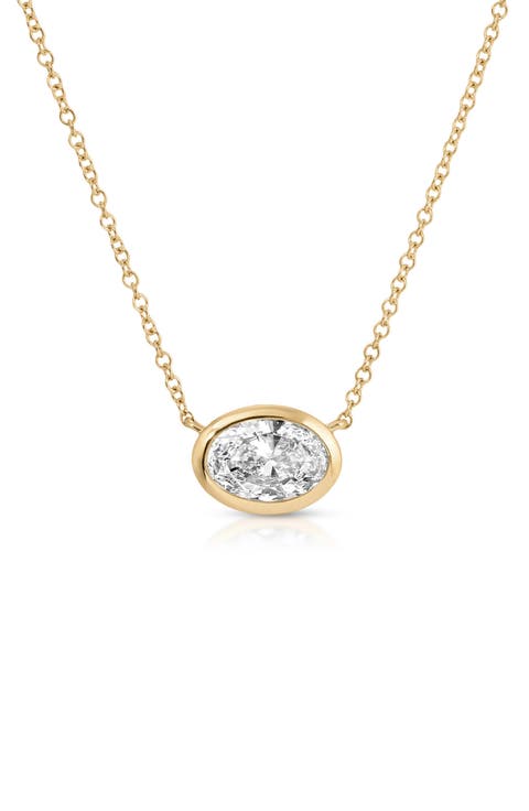 14k Gold Lab Grown Oval Diamond Floating Bezel Necklace