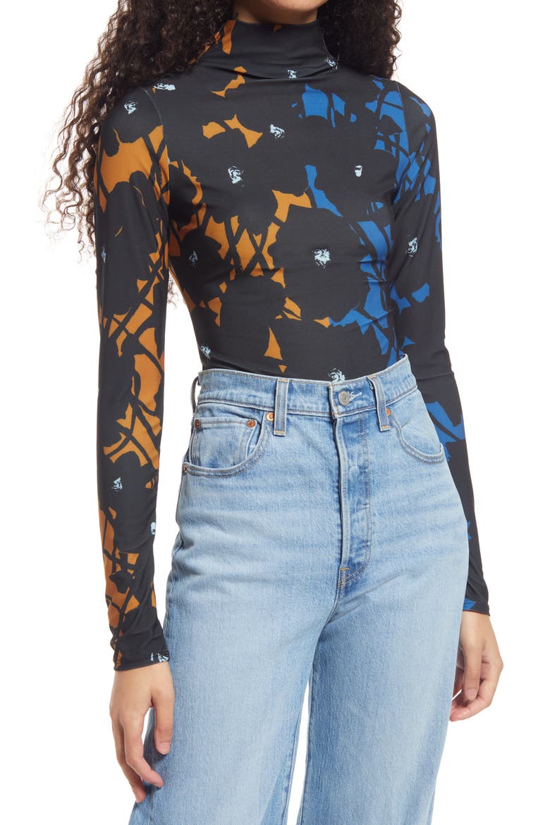 Cristina Martinez Thong Mock Neck Bodysuit, Main, color, BLACK MIXED VINE POPPIES