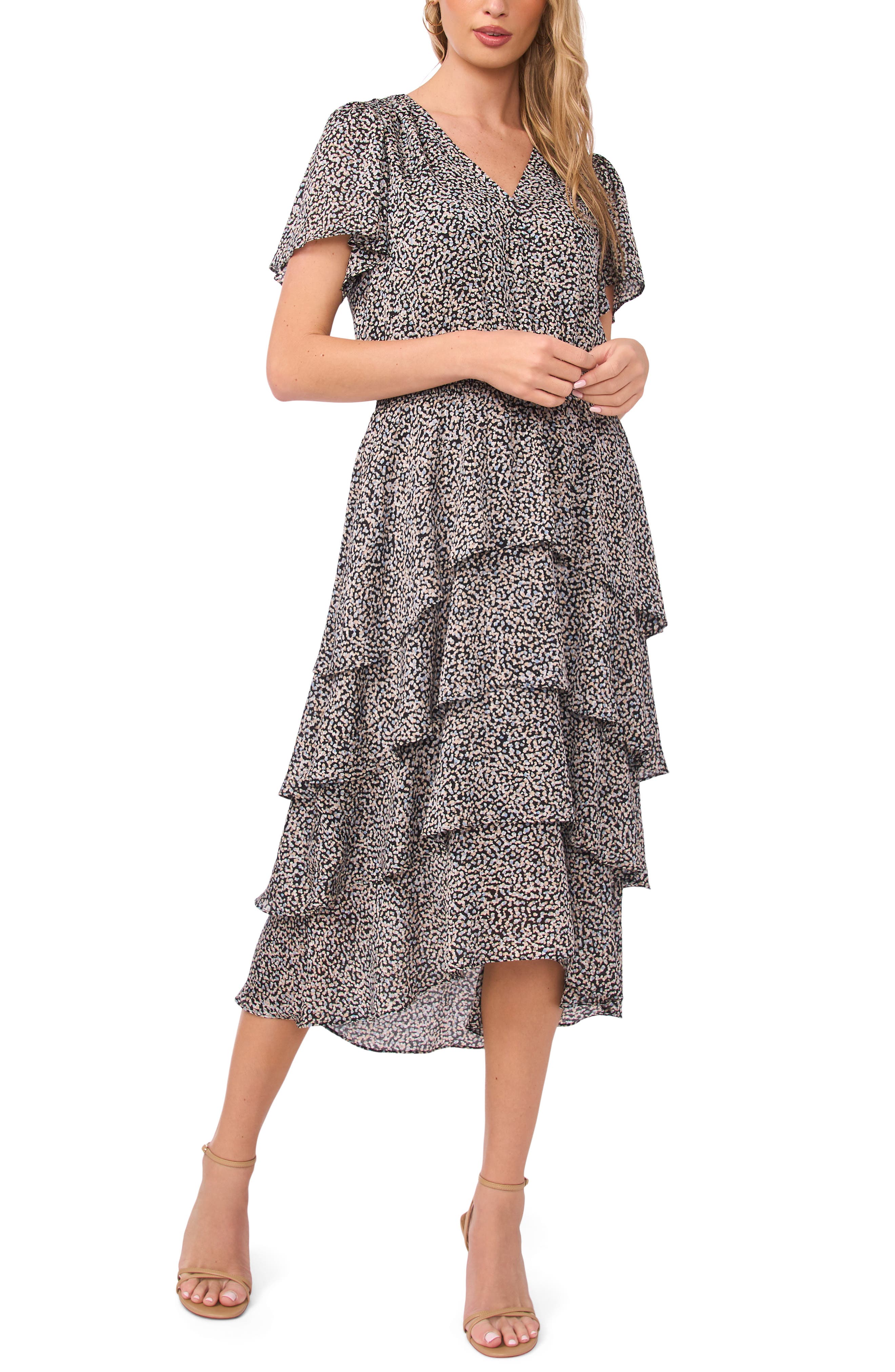 Vince Camuto Abstract Print Tiered Midi Dress
