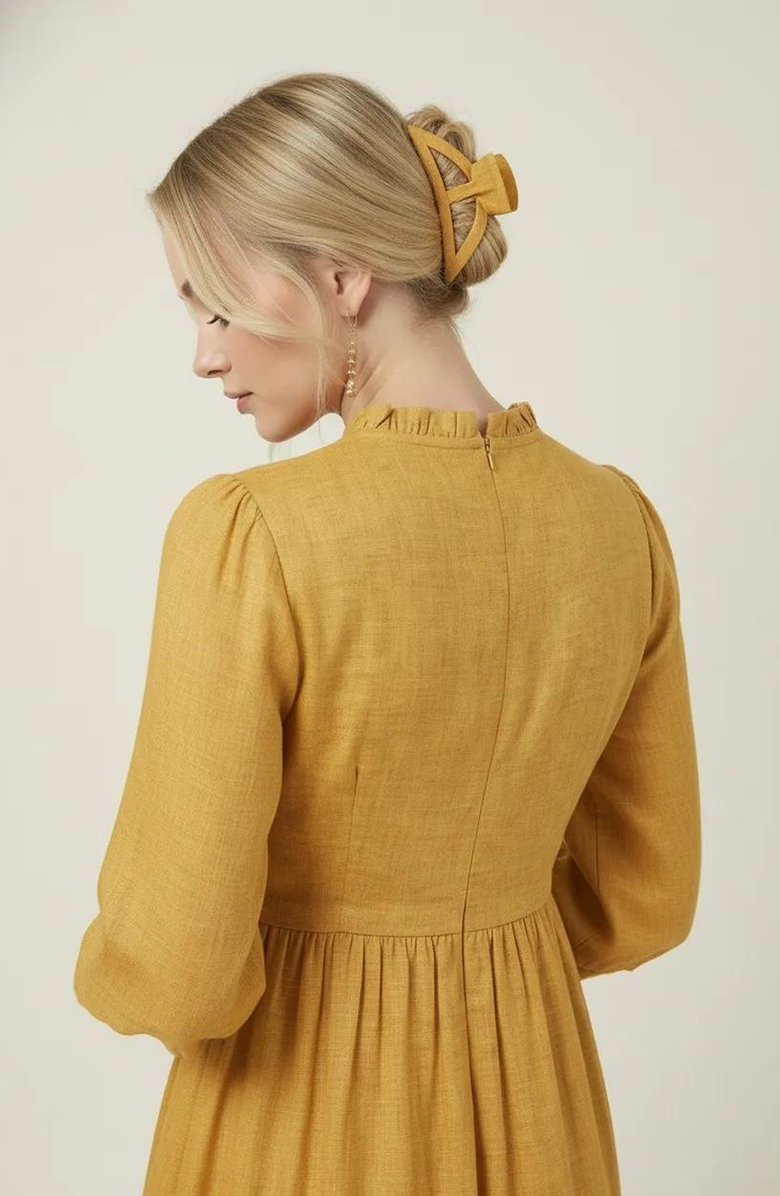 Modenaire Midi Shirred Neckline Tie Front Long Sleeve Tiered Hem Dress, Alternate, color, Mustard Yellow