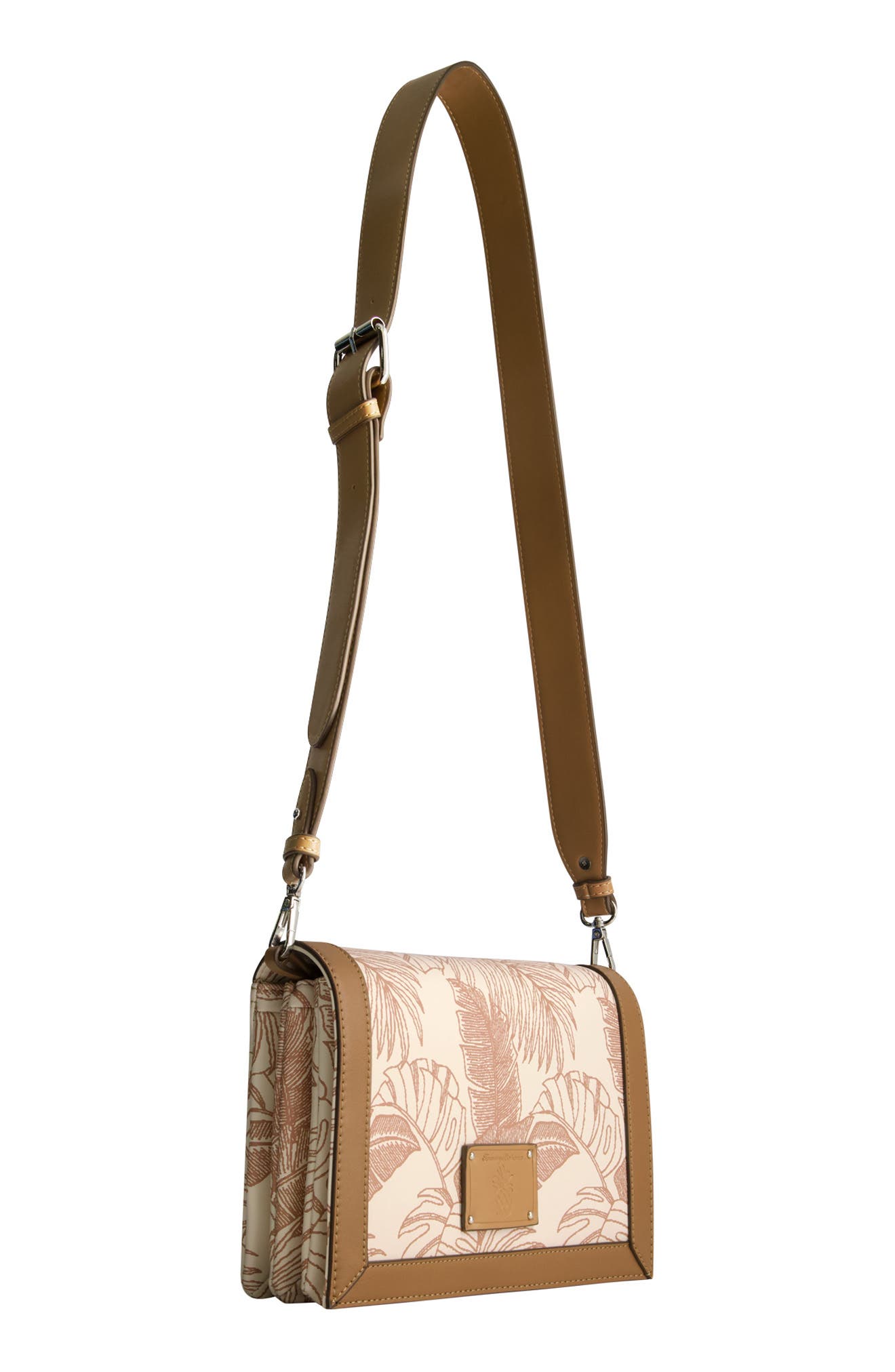 Tommy Bahama Debossed Logo Leaf Print City Crossbody Bag, Alternate, color, Tan