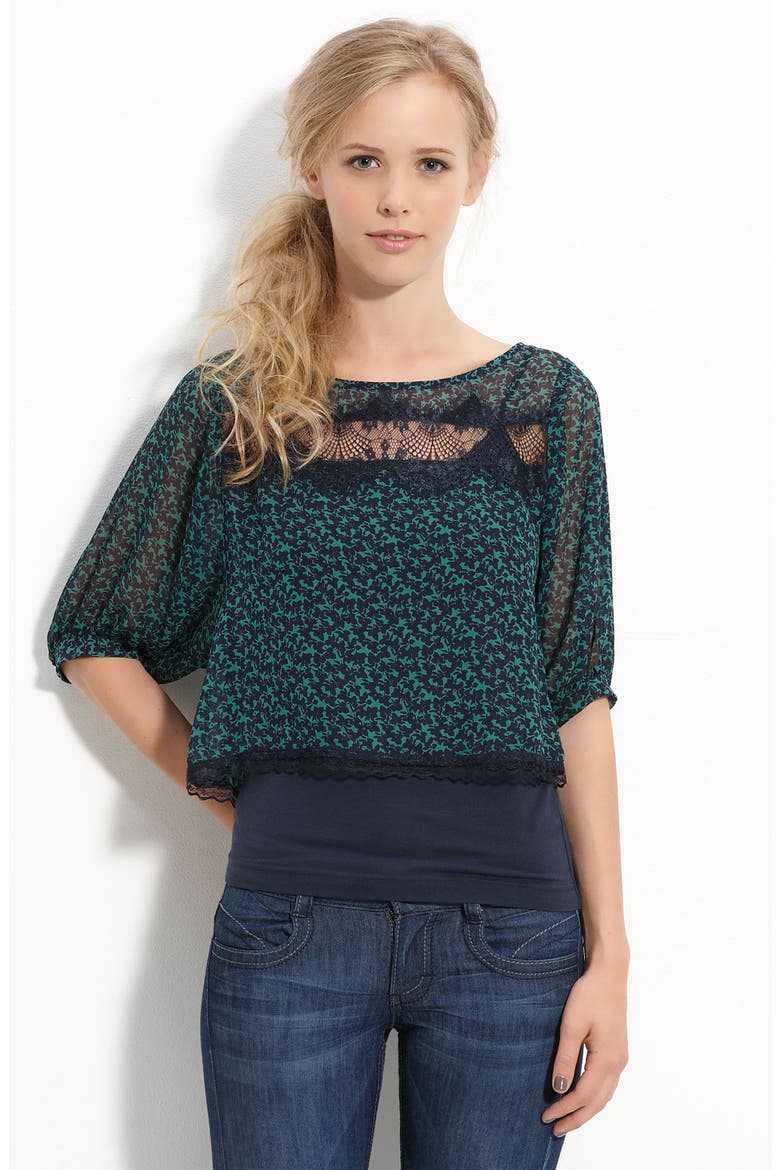 Lush Lace Trim Printed Blouse, Main, color, NAVY PRINT