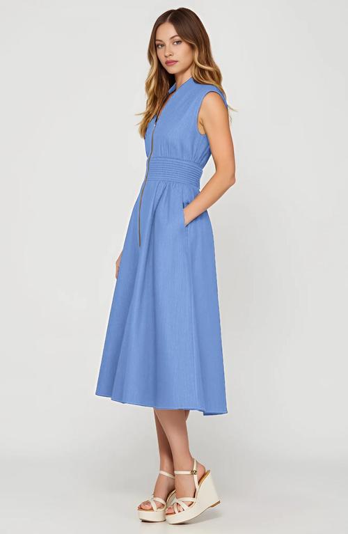 Modenaire Zip Front Midi Dress With Cap Sleeves And Smocked Waist In Blue