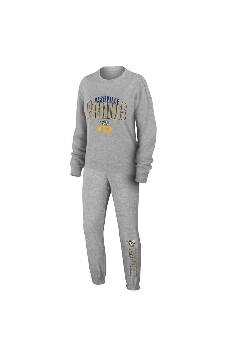 Women's WEAR by Erin Andrews Heather Gray Nashville Predators Knit Long Sleeve Tri-Blend T-Shirt & Pants Sleep Set, Main, color, Heather Gray