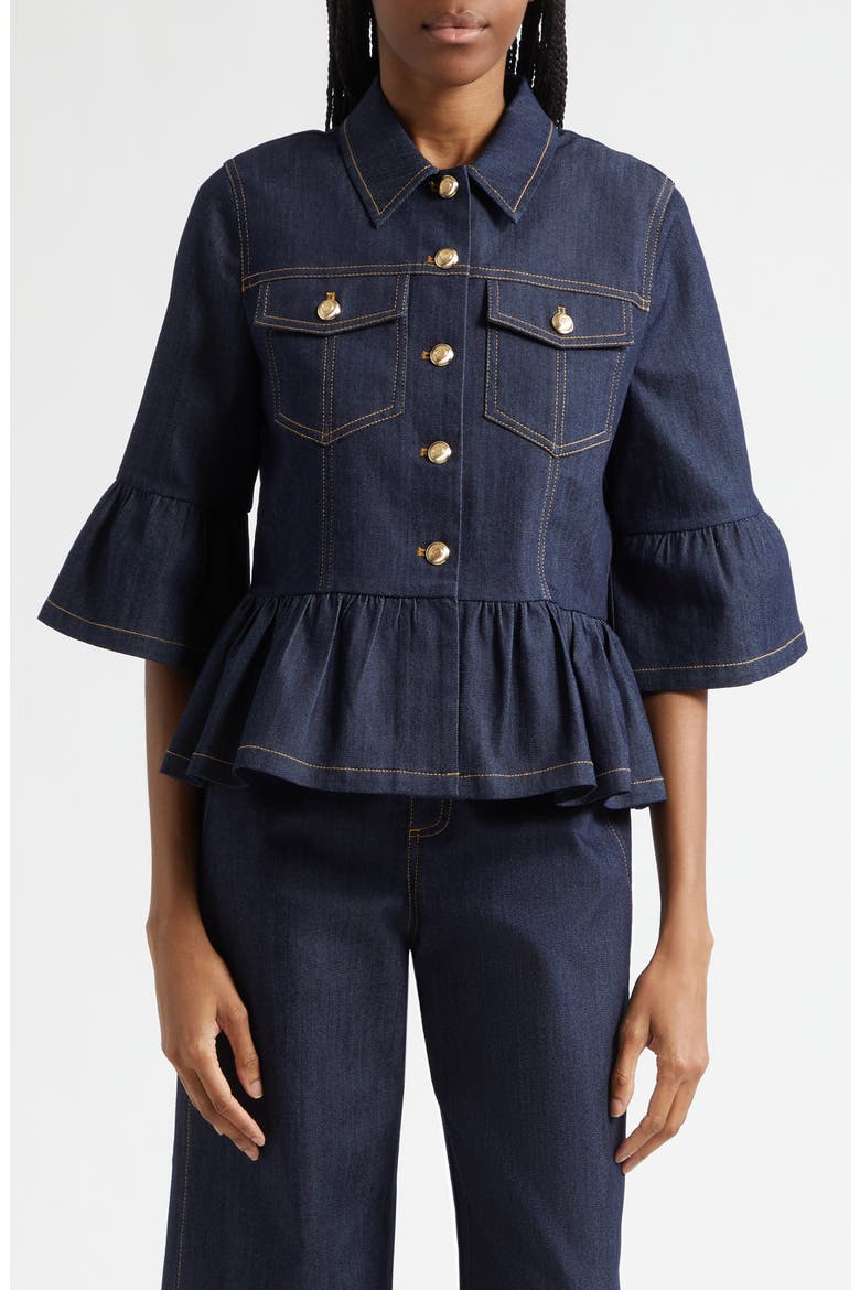 Mandie Denim Peplum Shirt Jacket, Main, color, INDIGO