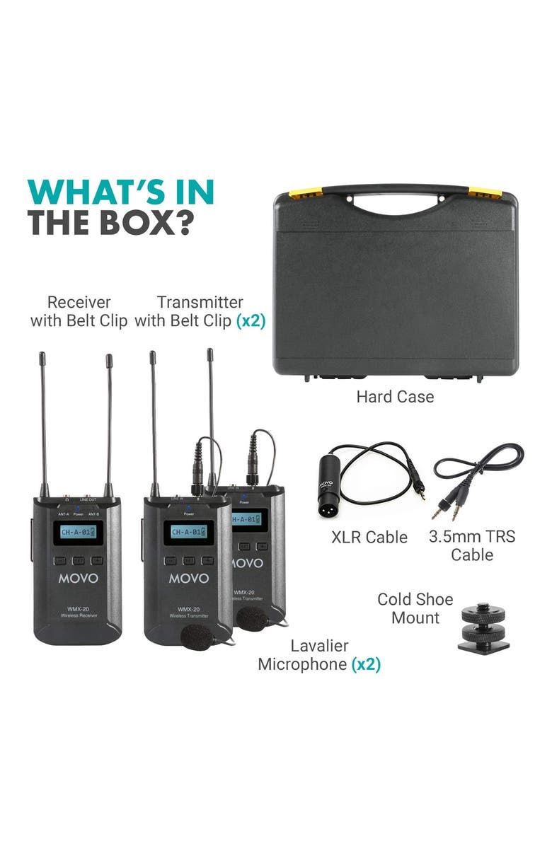 MOVO WMX-20-DUO 48-Channel UHF Wireless Lavalier Microphone System Compatible with DSLR Cameras, Alternate, color, Black