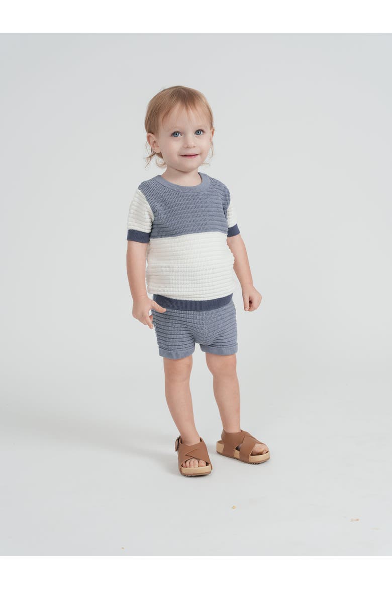 Mutli Textured Contrast Knit Shorts Set, Alternate, color, Blue Grey