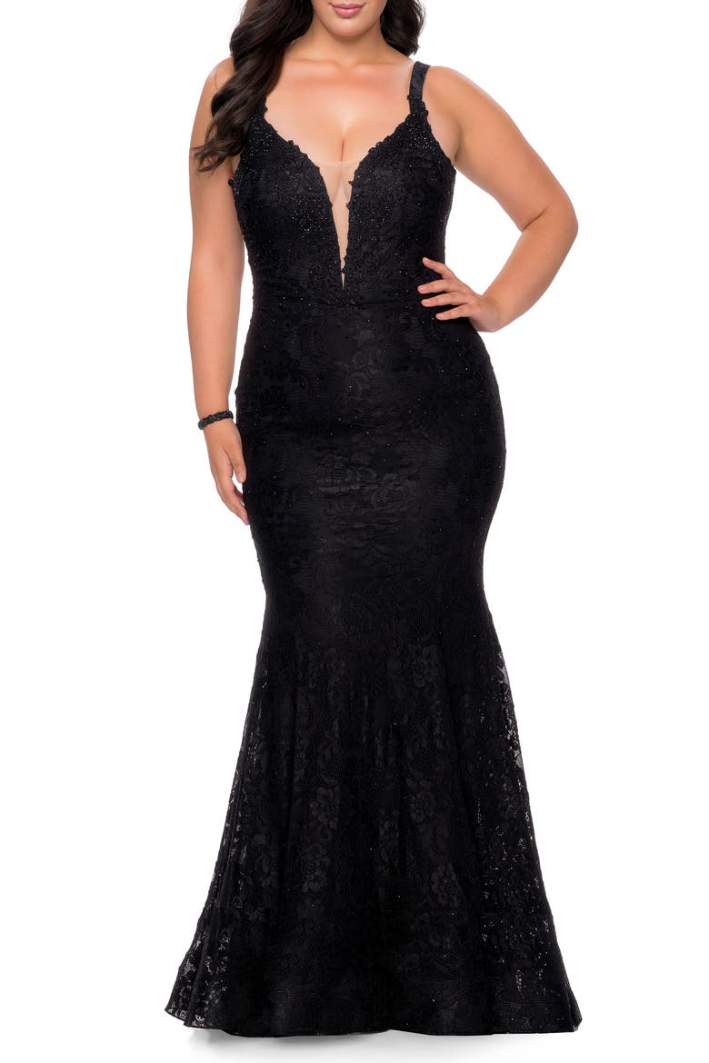Plus SIze Dress Lace Fitted Long Gown, Main, color, Black