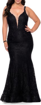 La Femme Plus SIze Dress Lace Fitted Long Gown