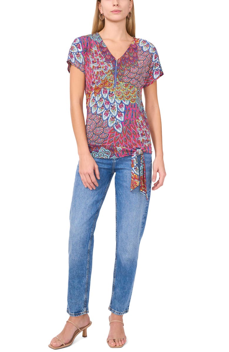 Chaus Peacock Print Zip Front Top, Alternate, color, Trop Palm
