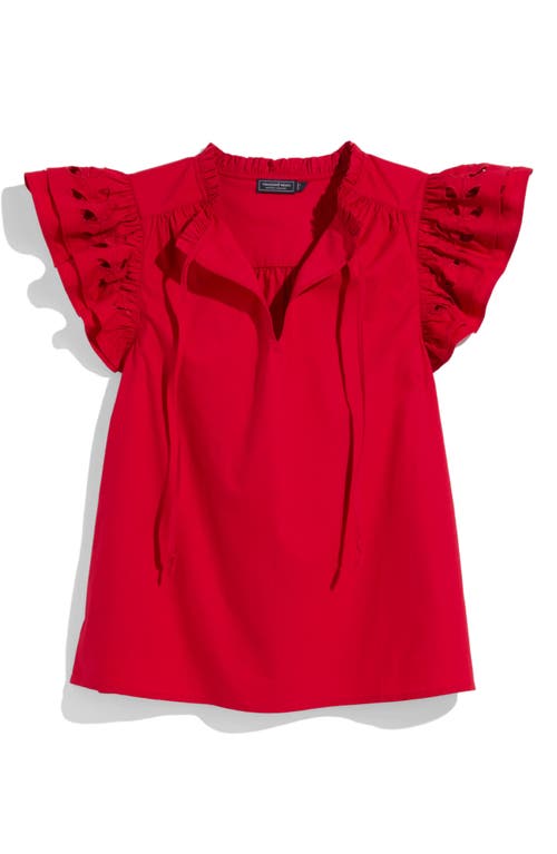 Vineyard Vines Adare Embroidered Eyelet Flutter Sleeve Cotton Top In Red