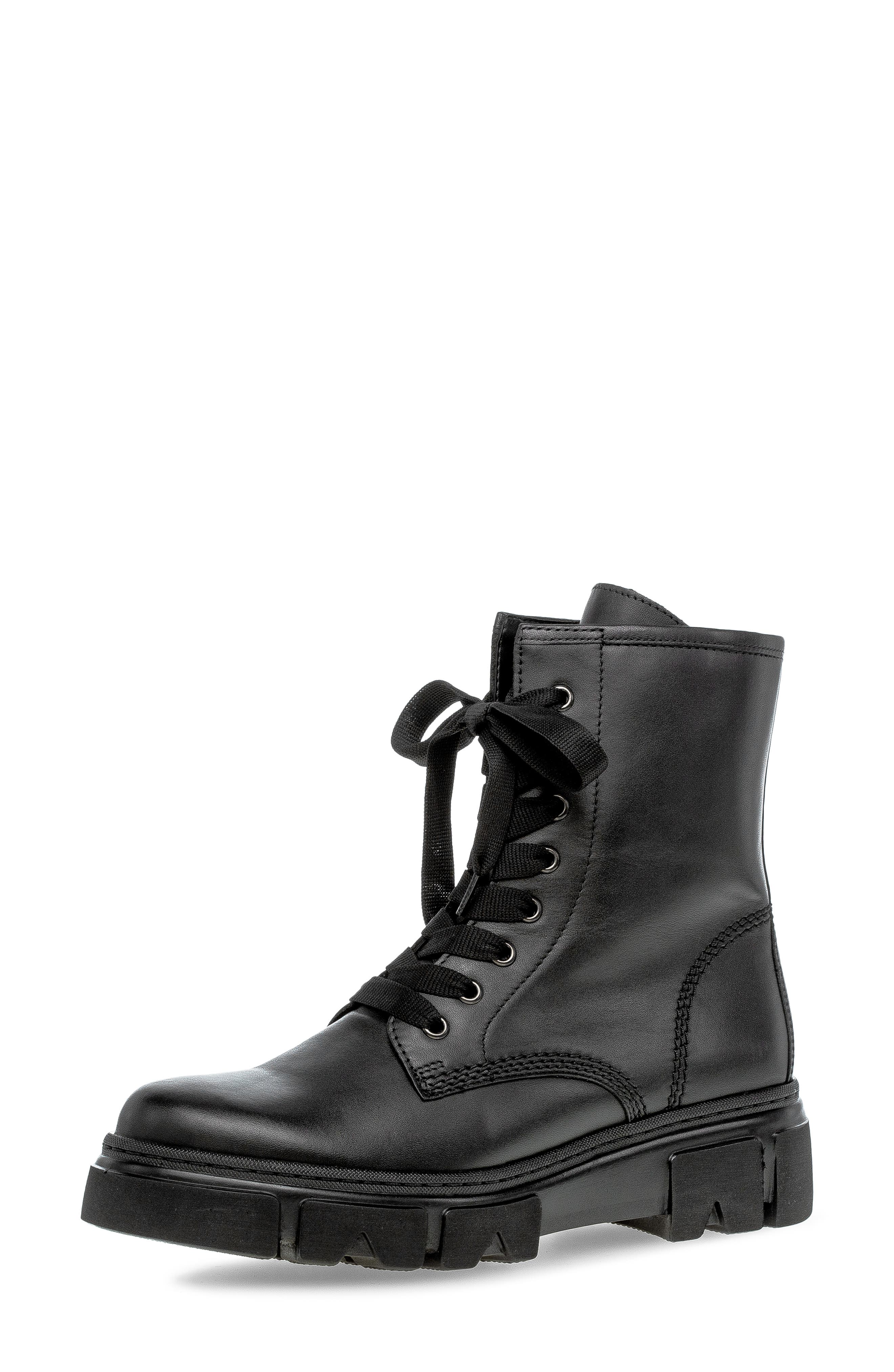 Gabor Leather Combat Boot, Main, color, Black