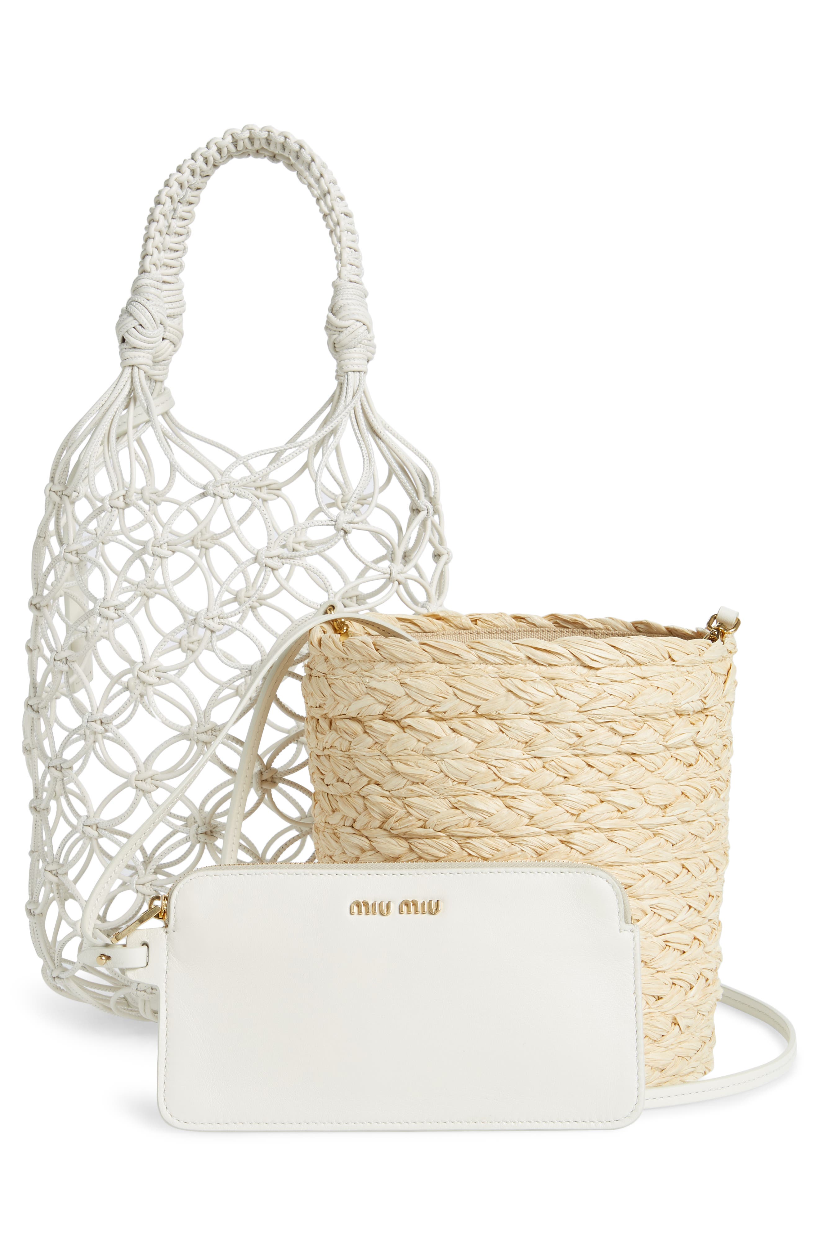 Miu Miu Woven Leather & Raffia Bucket Bag, Alternate, color, 